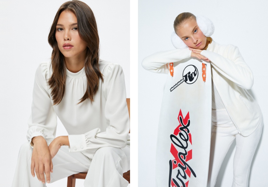 Beyaz bluzları rahat kumaş iş pantolonları ve kruvaze beyaz ceketlerle bir araya getirin. Triko kazaklar ve hırkalar ise siluetleri kışa hazır hale getiriyor.