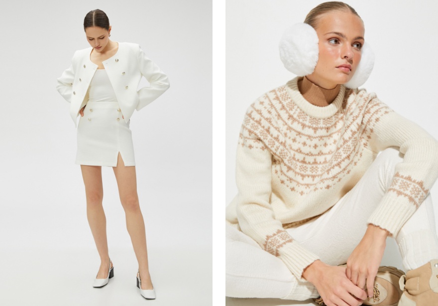 Beyaz mini etek ve ceket ikilisi, kış beyazı trendiyle tek başına kilit bir stilin ana parçaları konumunda. Yumuşak bej triko kazaklar ise rahat bir hafta sonu görünümü için ideal.