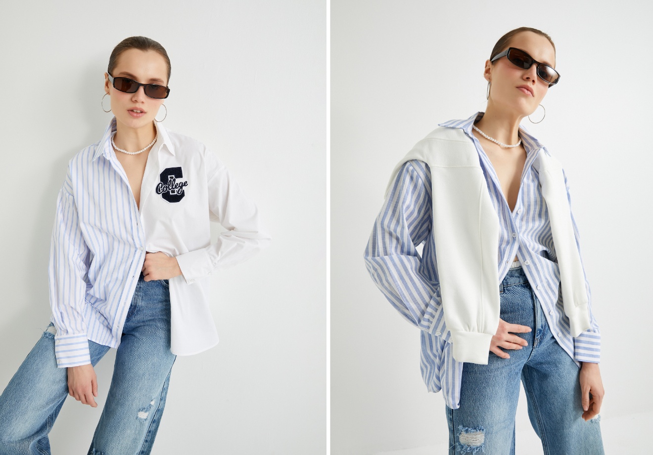 Modern Preppy trendinin joker parçası ekoseli gömleğin eşlik edeceği mavi kot etek, örgü süveter ve deri görünümlü çizmelerle hafta sonuna hazırsınız!