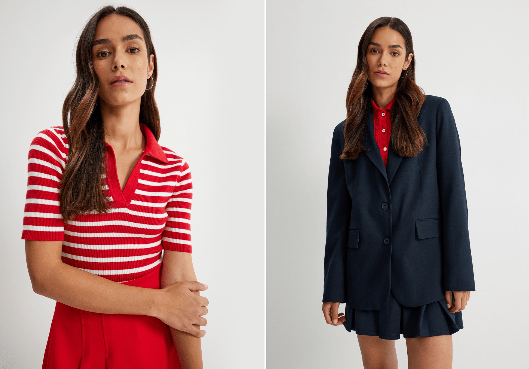 Polo yaka, kısa kollu triko kazaklar mini pileli etekler ve mini pileli şort etekler ile new preppy trendinden ilhamla konforlu ve şık siluetler yaratıyor.