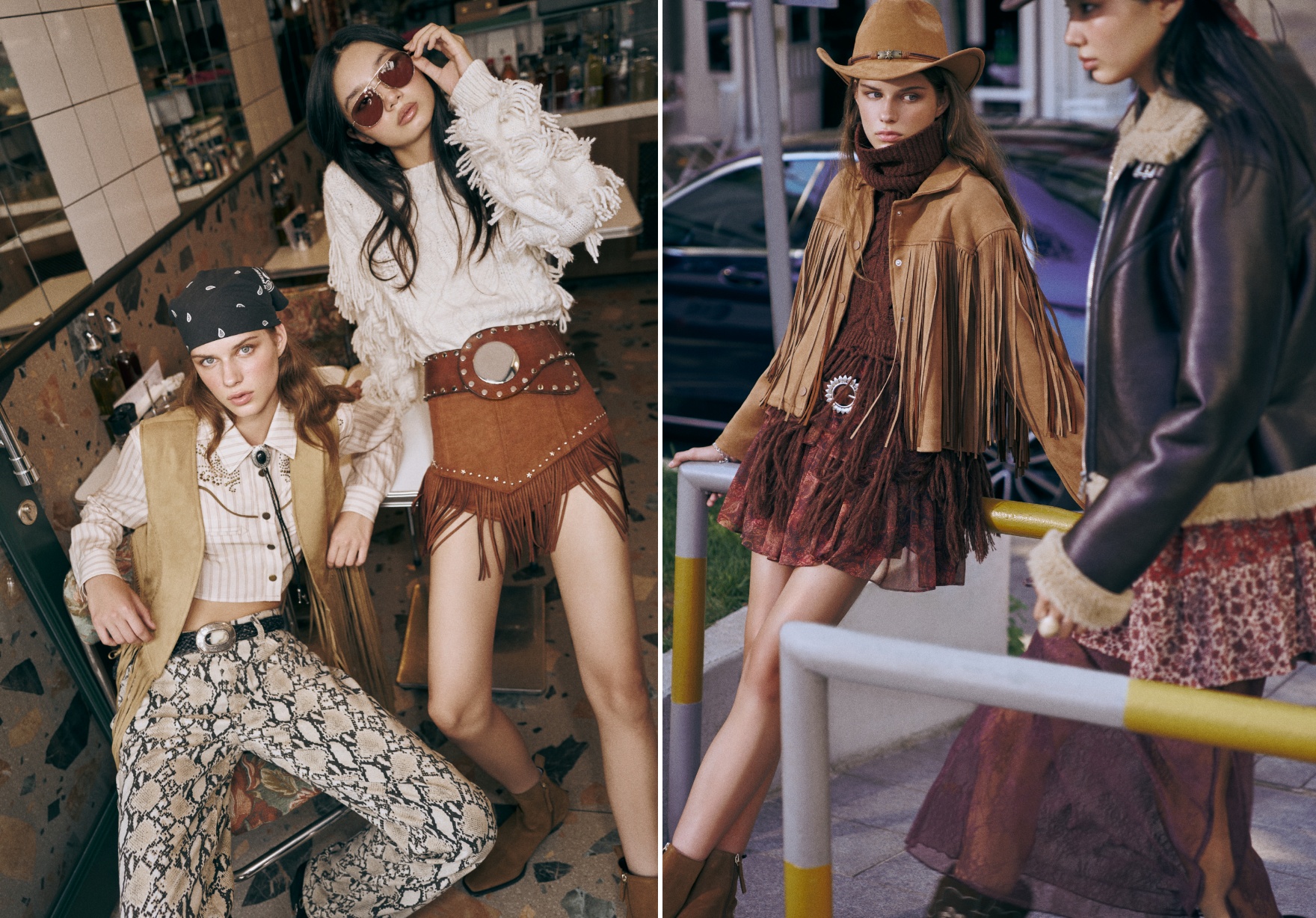 Bej, çikolata kahve, siyah ve haki gibi kış renklerinin öne çıktığı süet dokulu etek ve pantolonlarda püskül detaylar dikkat çekiyor.