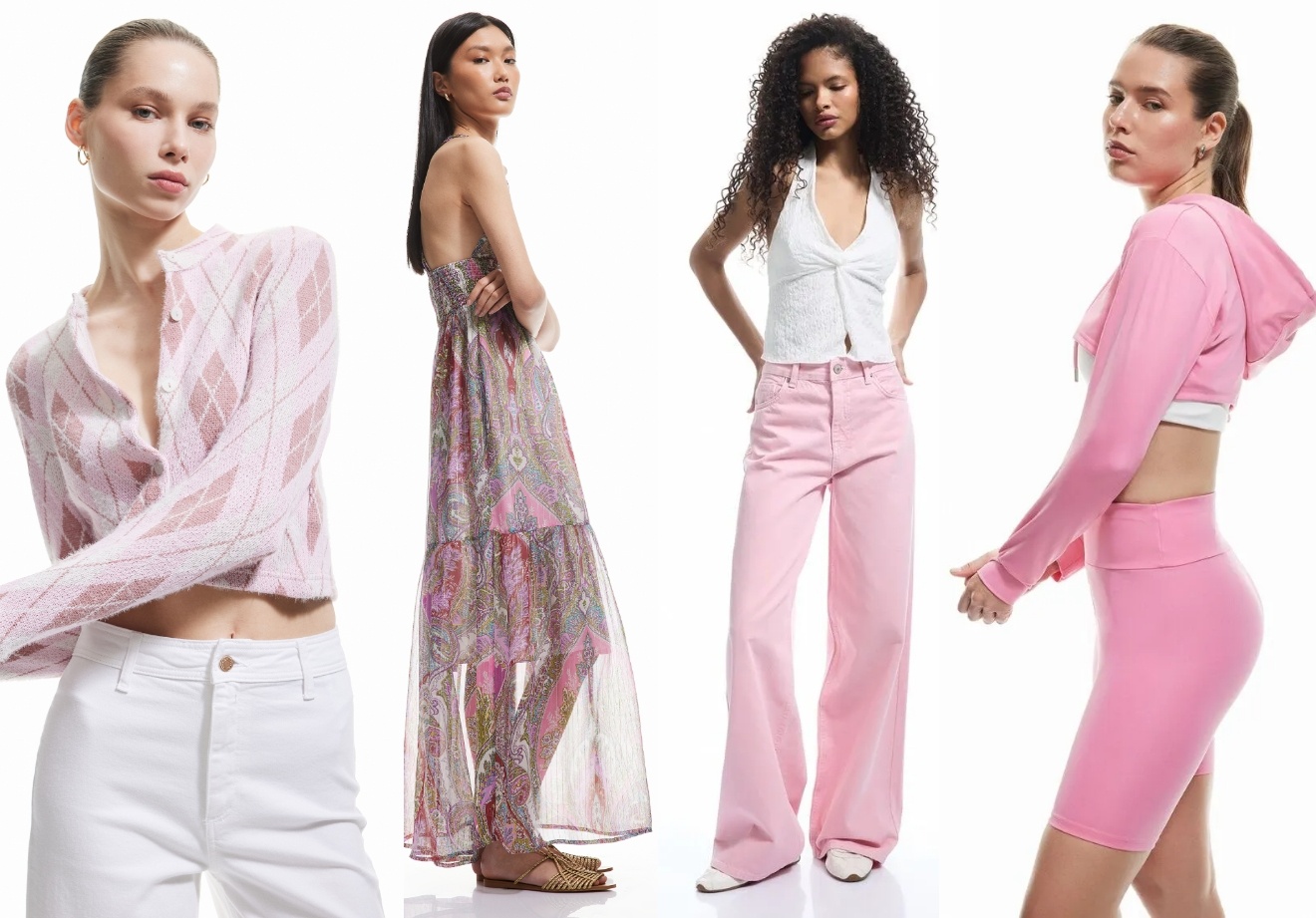 Minimalist çizgilerle bir araya gelen toz pembe, kumaş pantolonlar, kısa kollu triko hırkalar ve gömleklerde kendine yer buluyor.