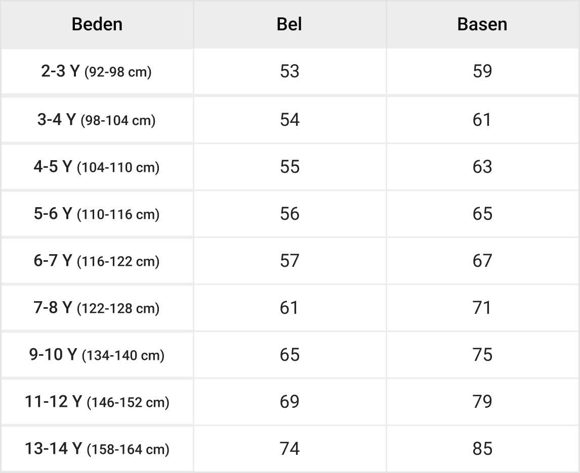 Erkek Çocuk Alt Giyim Tablosu