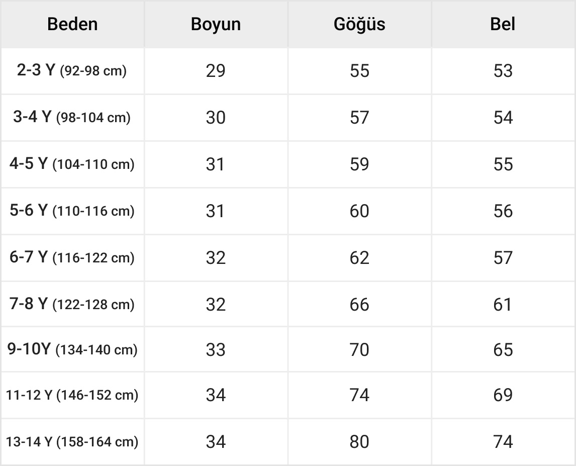 Erkek Çocuk Üst Giyim Tablosu
