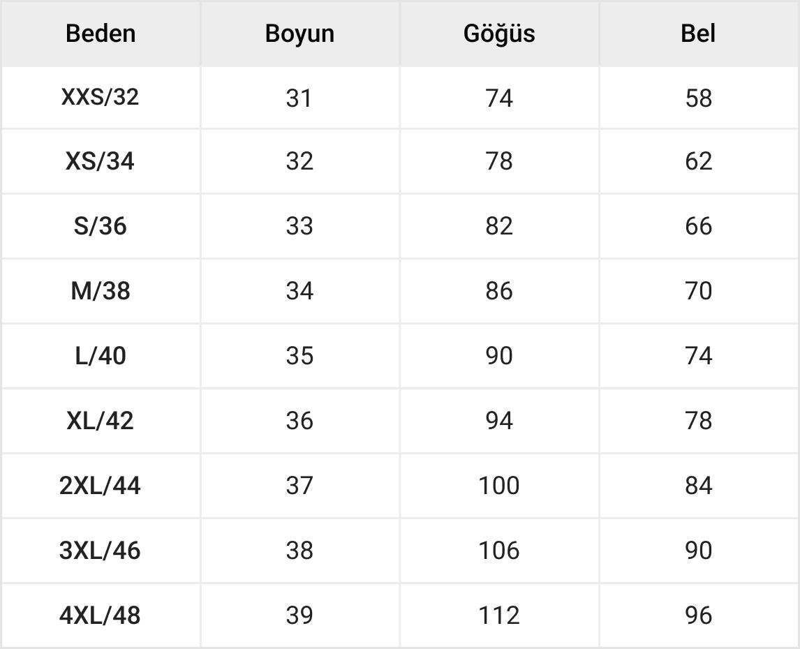 Ole Üst Giyim Tablosu