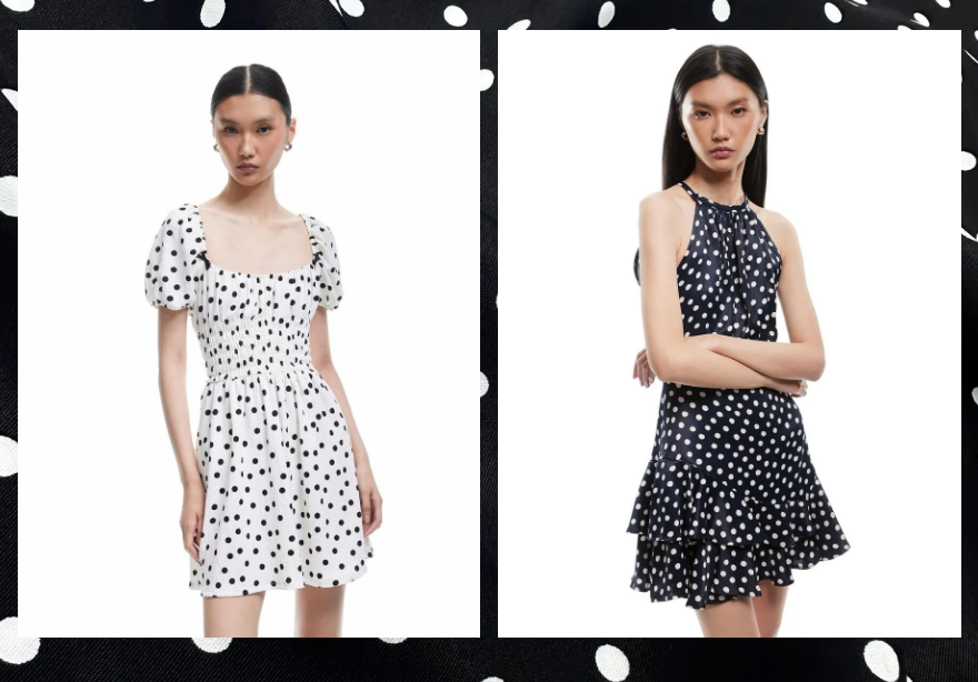 Renk bloklarıyla çarpışan iri puantiyeler, neredeyse grafik bir tavır sergiliyor. Siyah beyaz kontrastta dans eden noktalar ise ofis stiline iddialı bir duruş kazandırıyor.