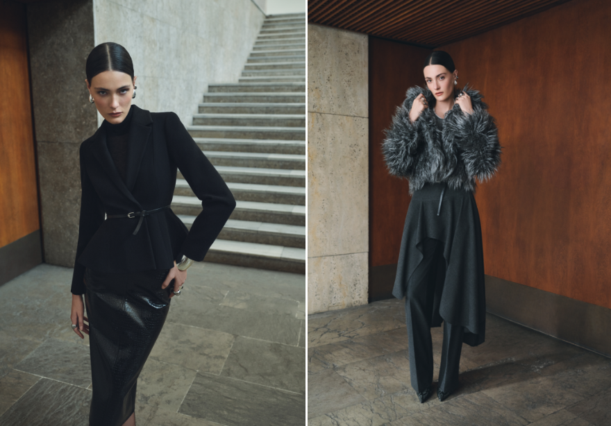 Sezonun ruhu; feminen ve maskülen çizgilerin ustalıkla harmanlandığı, kolej havasını sokak stiline taşıyan bir tavırda saklanıyor. Zamansız blazerlar, sweatshirtler, geniş paçalı pantolonlar ve keskin hatlı etekler bu enerjiyi sofistike bir şehir şıklığına dönüştürüyor.