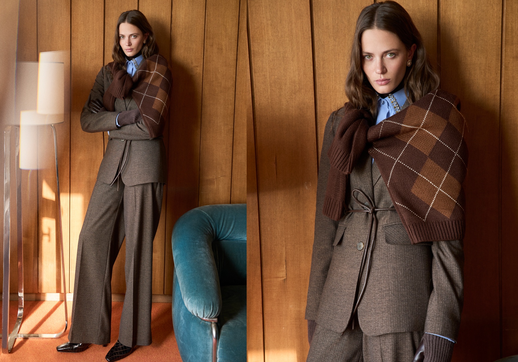 Koyu kahve ve petrol yeşili tonlarının birleştiği sofistike renk paleti, şehirli kadının güçlü ve dengeli duruşunu yansıtıyor.