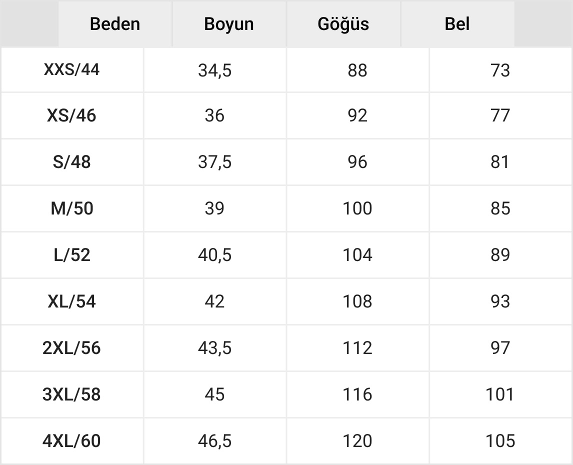 Erkek Üst Giyim Tablosu