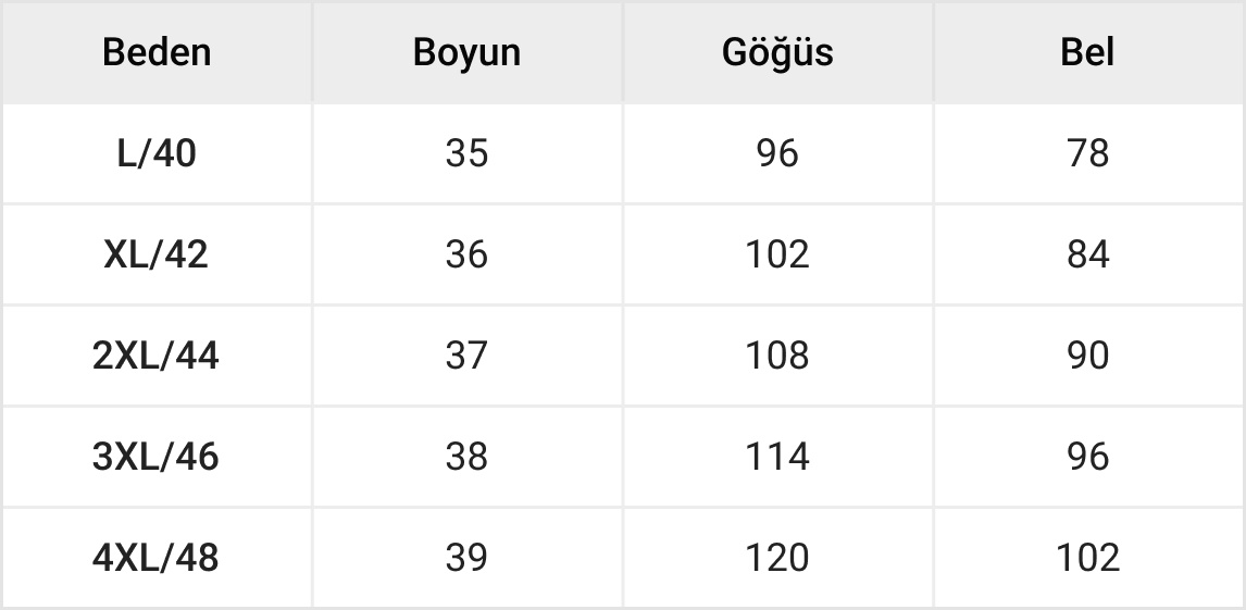Büyük Beden Kadın Üst Giyim Tablosu