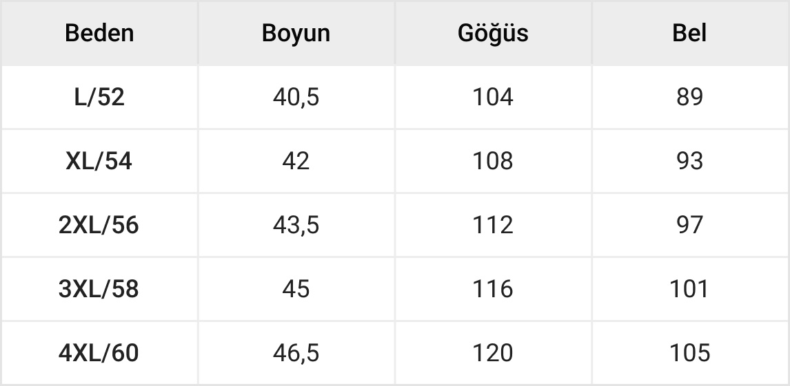 Büyük Beden Erkek Üst Giyim Tablosu