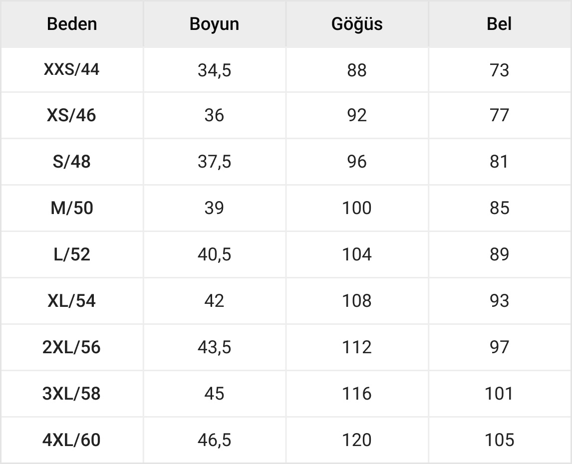 Erkek Üst Giyim Tablosu