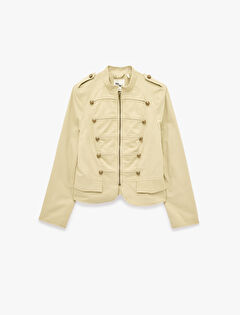Gabardin Kumaş Metal Düğmeli Slim Fit Fermuarlı Dik Yaka Military…