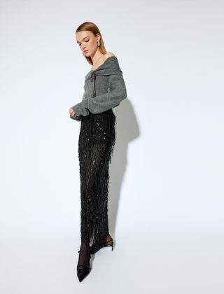 Koton X Selected by Melis Ağazat - Slim Fit Yarım Astarlı Otriş Detaylı Transparan Pullu Payetli İşlemeli Uzun Etek