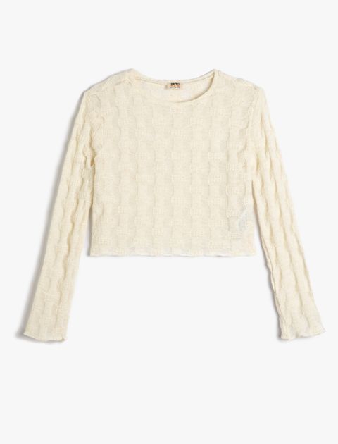 Koton Crop Sweatshirt Dokulu Uzun Kollu Bisiklet Yaka