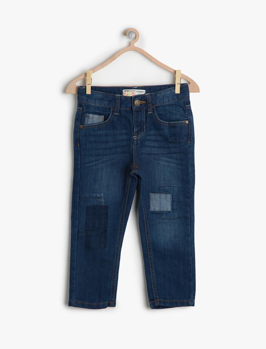  Erkek Çocuk Kot Pantolon Yama Detaylı Dar Paça Pamuklu - Slim Jean