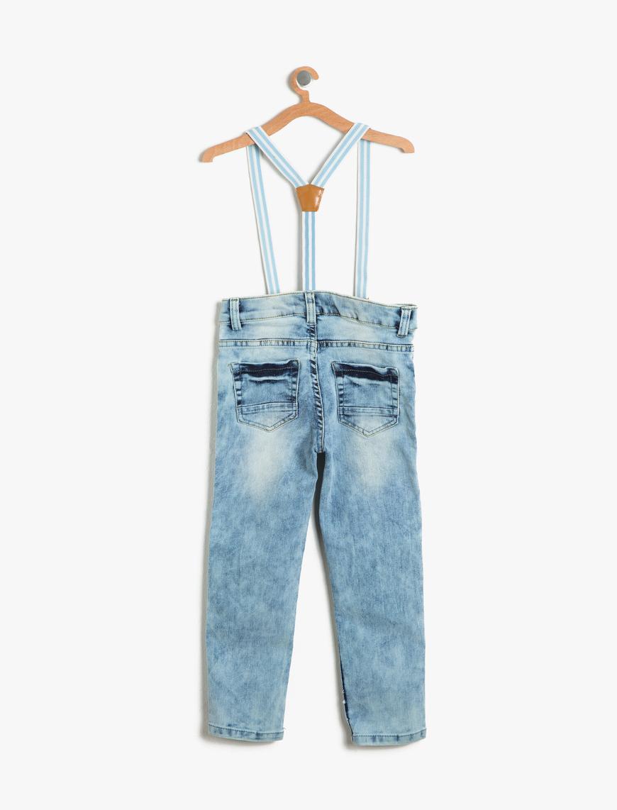  Erkek Çocuk Kot Pantolon Askılı Taşlanmış Cepli Dar Paça Pamuklu - Slim Jean