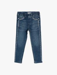 Kot Pantolon Beli Lastikli Cepli Parlak Taş İşlemeli - Slim Jean