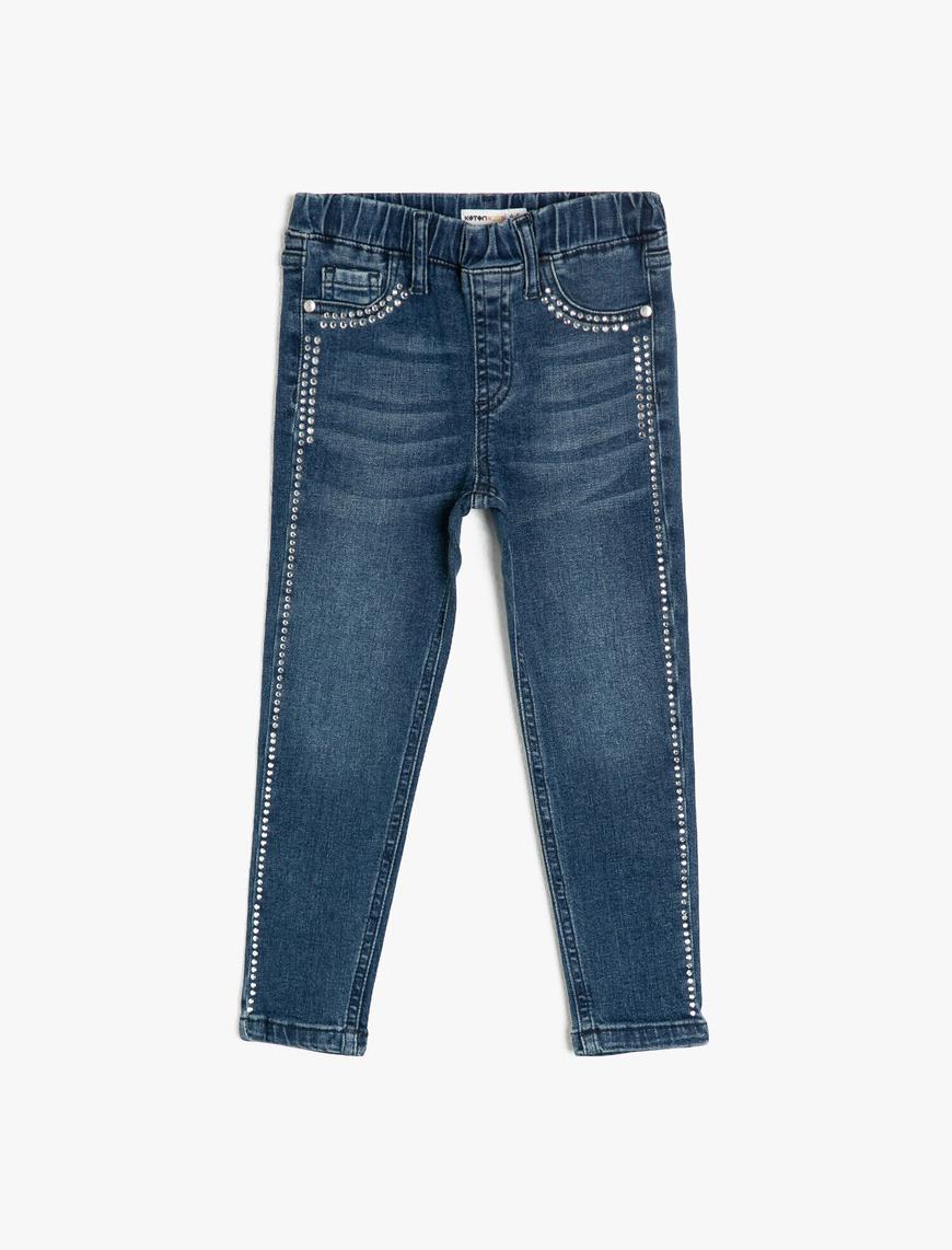  Kız Çocuk Kot Pantolon Beli Lastikli Cepli Parlak Taş İşlemeli - Slim Jean