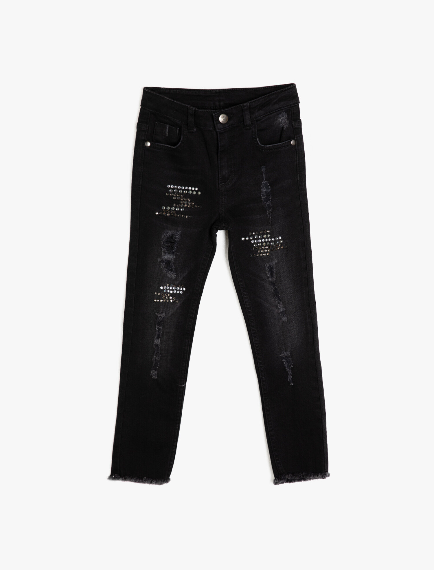  Kız Çocuk Kot Pantolon Cepli Parlak Taş İşlemeli - Slim Jean