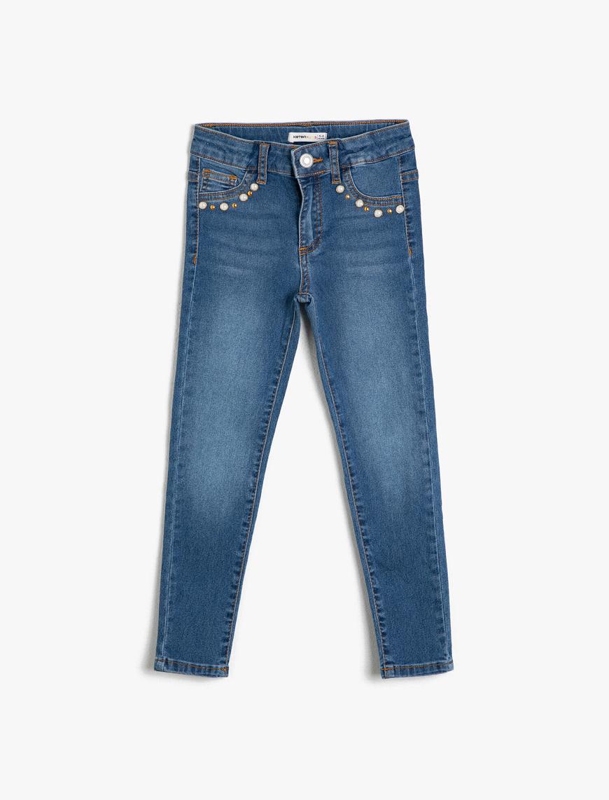  Kız Çocuk Kot Pantolon  Cepli Parlak Taş İşlemeli - Slim Jean