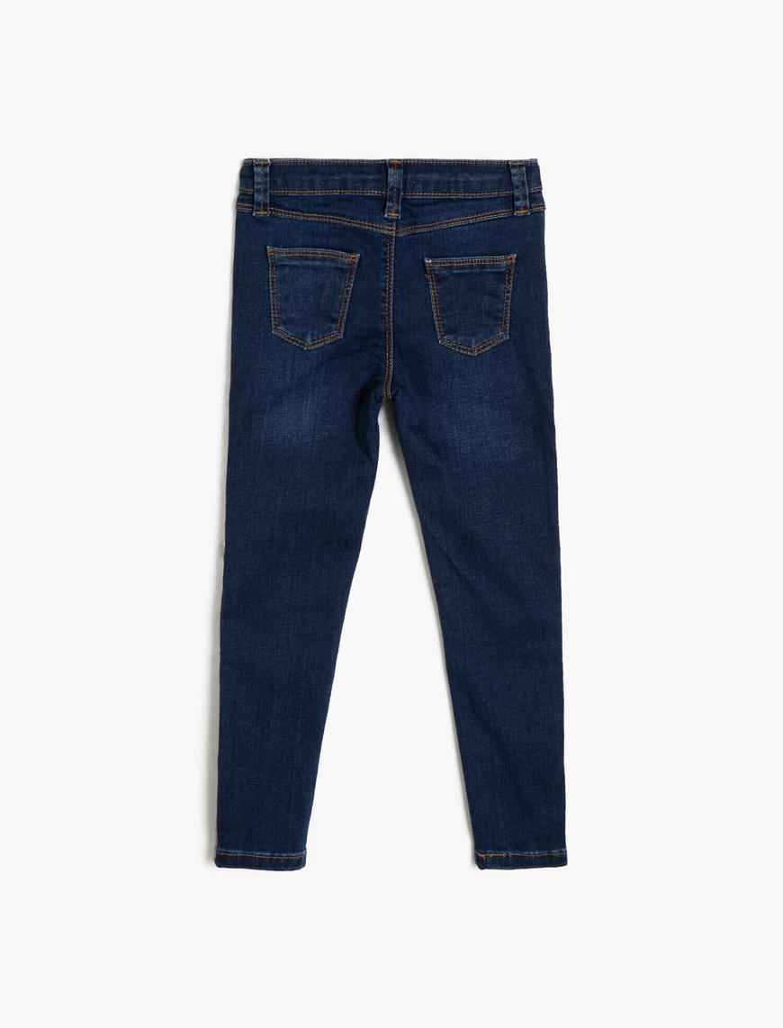  Kız Çocuk Pamuklu Şerit Detaylı Cepli Kot Pantolon - Slim Jean