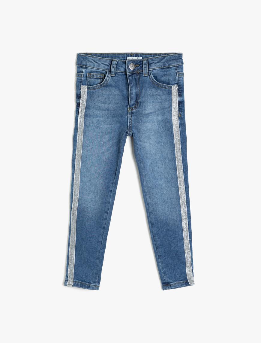  Kız Çocuk Pamuklu Simli Şerit Detaylı Cepli Kot Pantolon - Slim Jean