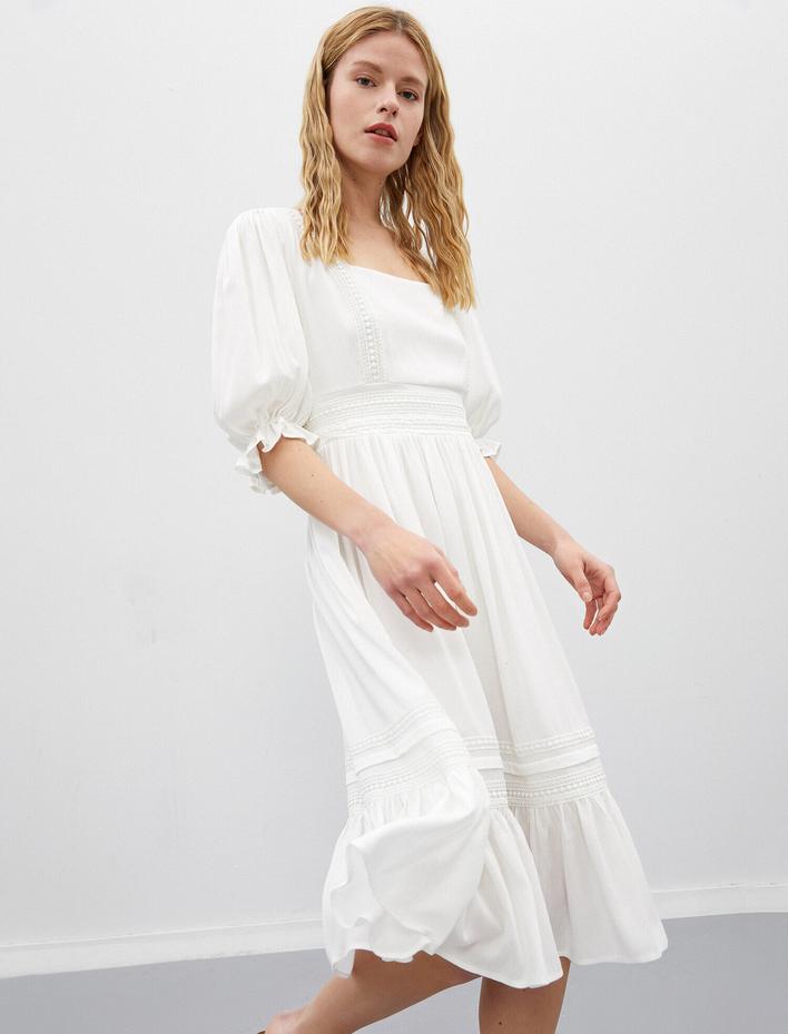  Balon Kollu Kare Yaka Midi Elbise