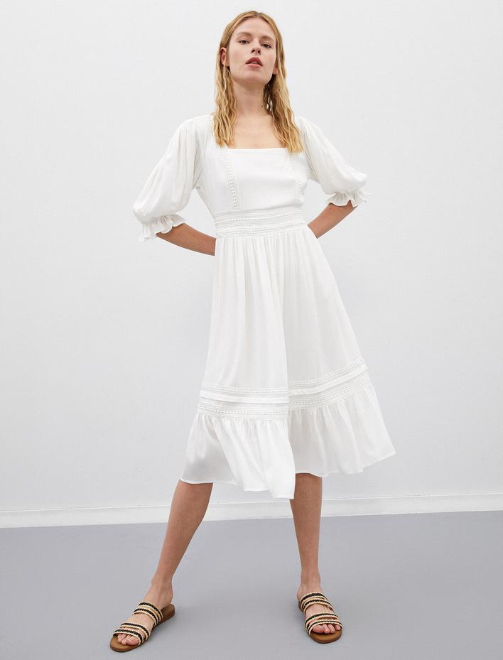  Balon Kollu Kare Yaka Midi Elbise