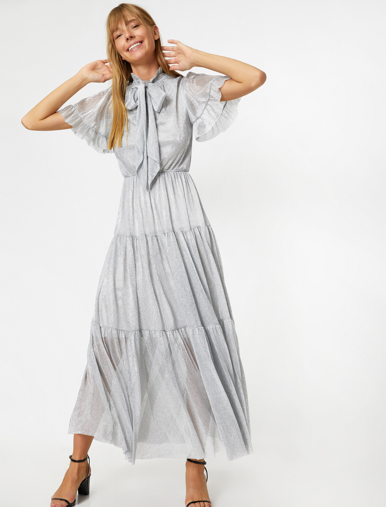   Metalik Abiye Elbise Desenli Tül Bel Büzgülü Volanlı Kısa Kollu Uzun