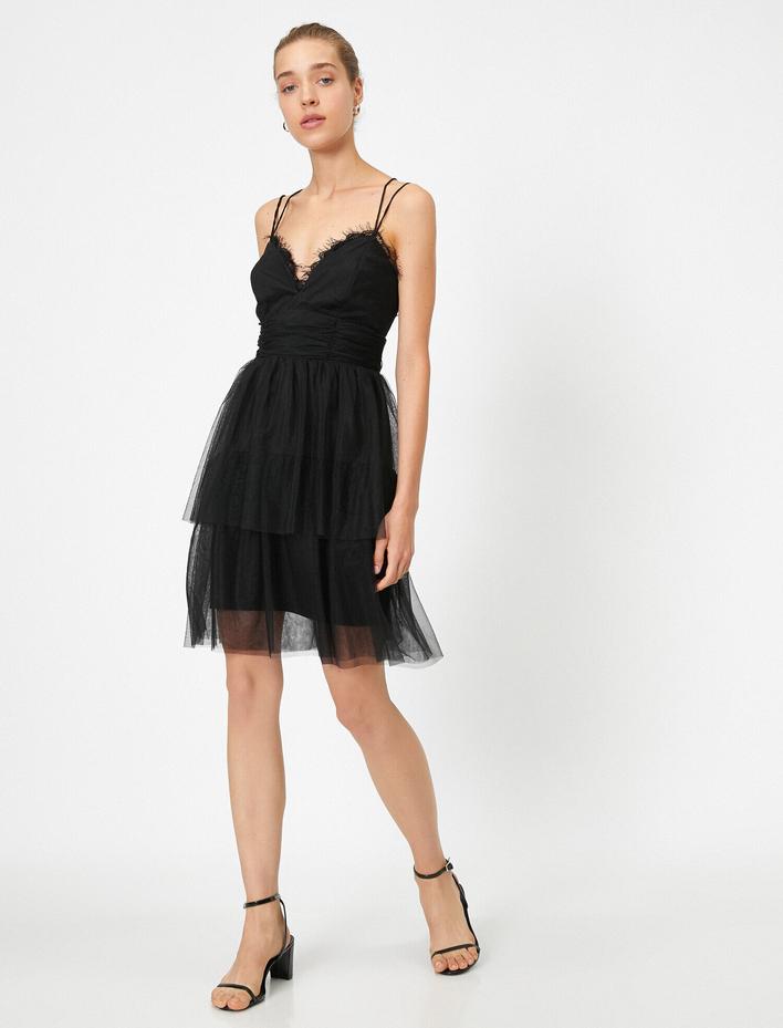  Sırtı Açık  Abiye Elbise Tül Mini İnce Askılı