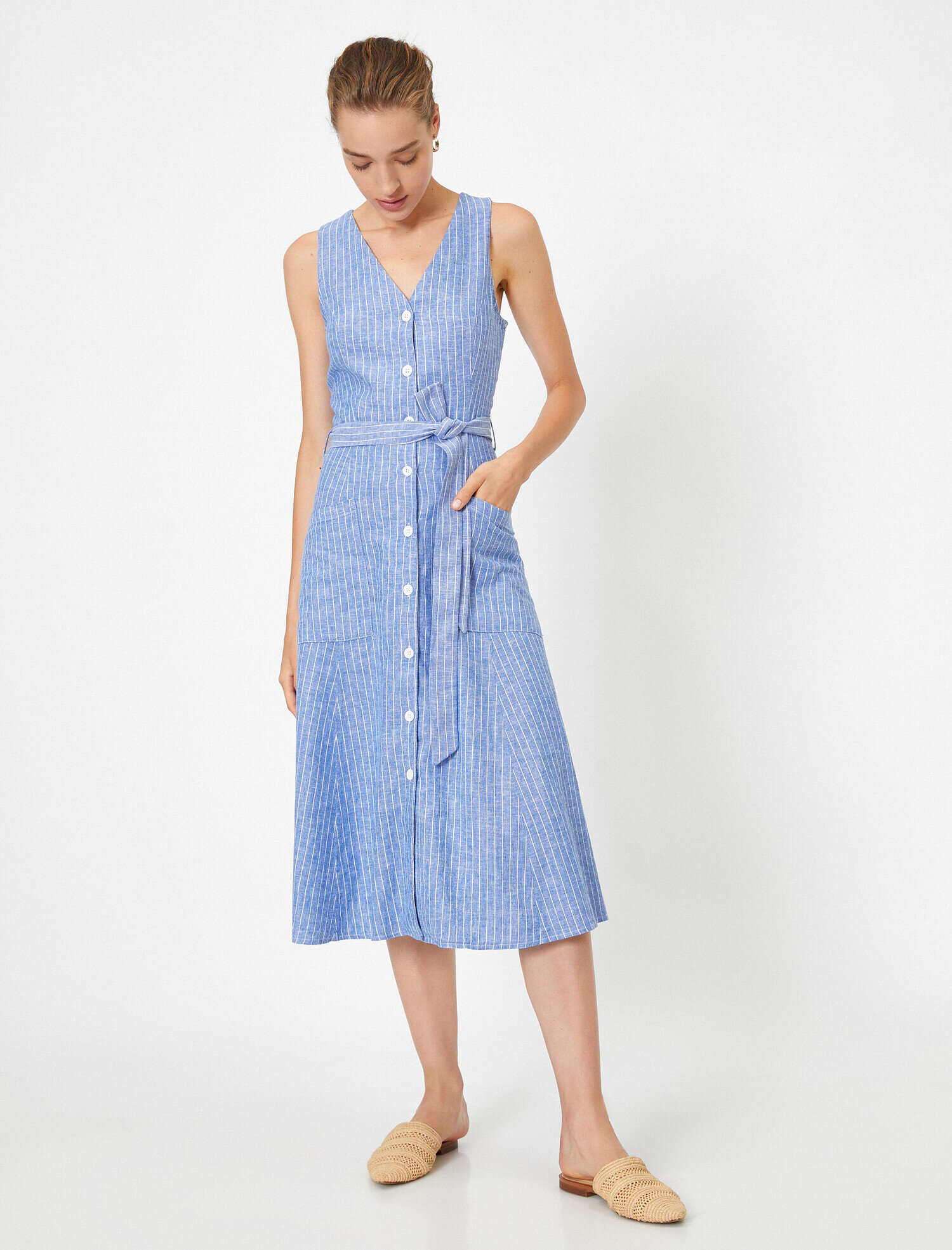   Kemerli Düğmeli Kısa Kollu Elbise Keten Karışımlı