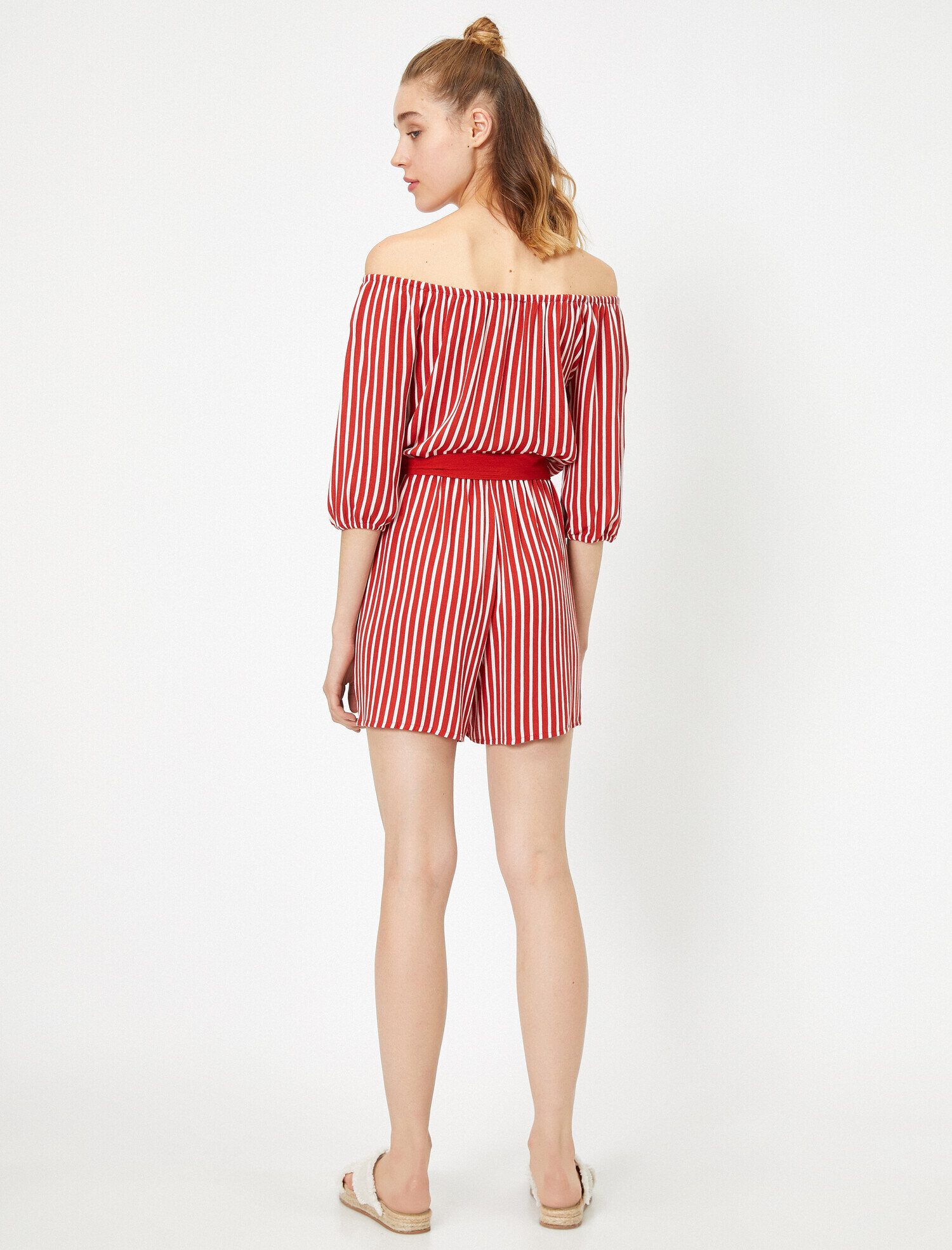   Beli Bağlamalı Carmen Yaka Çizgili Tulum