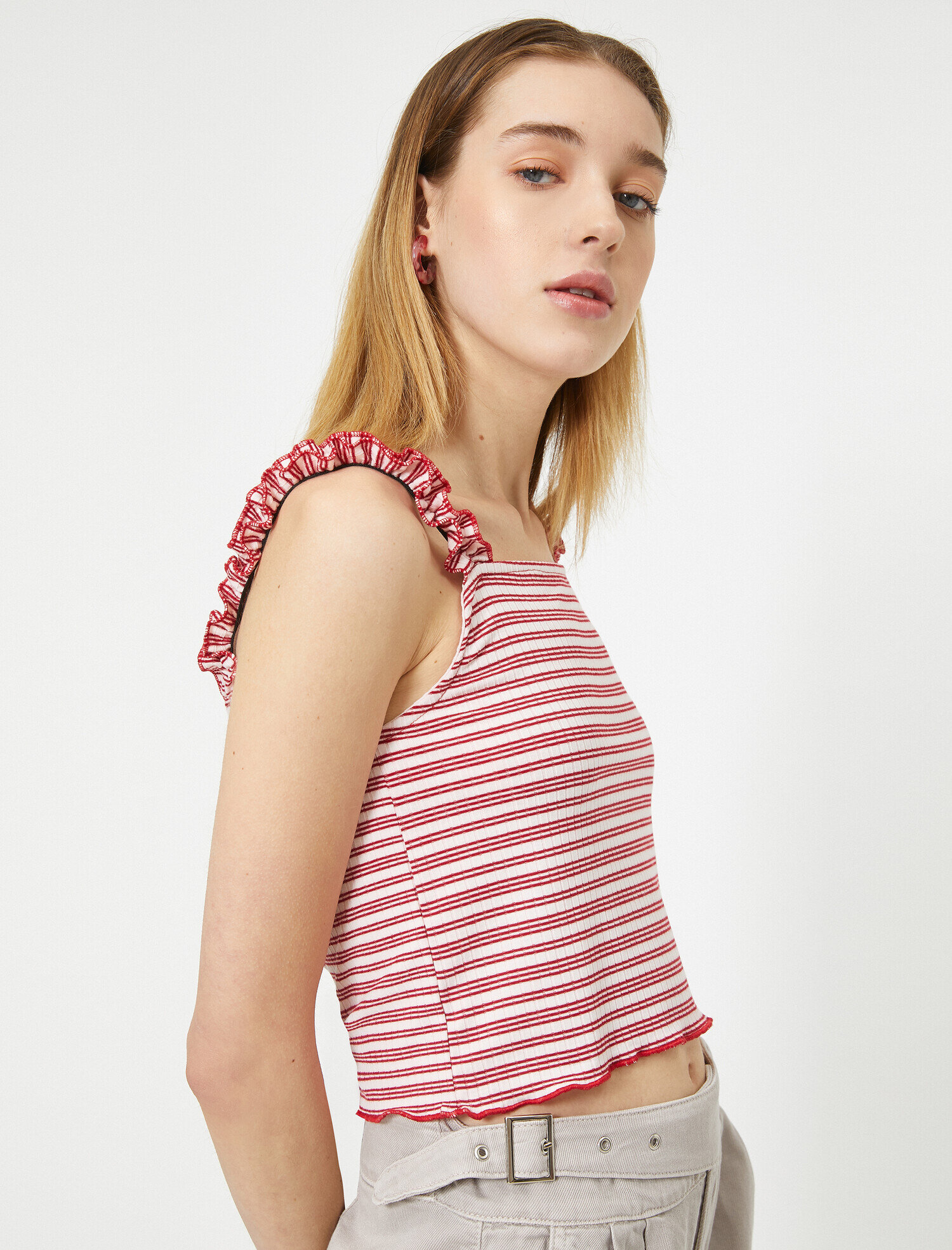   Askıları Fırfırlı Çizgili Crop Atlet