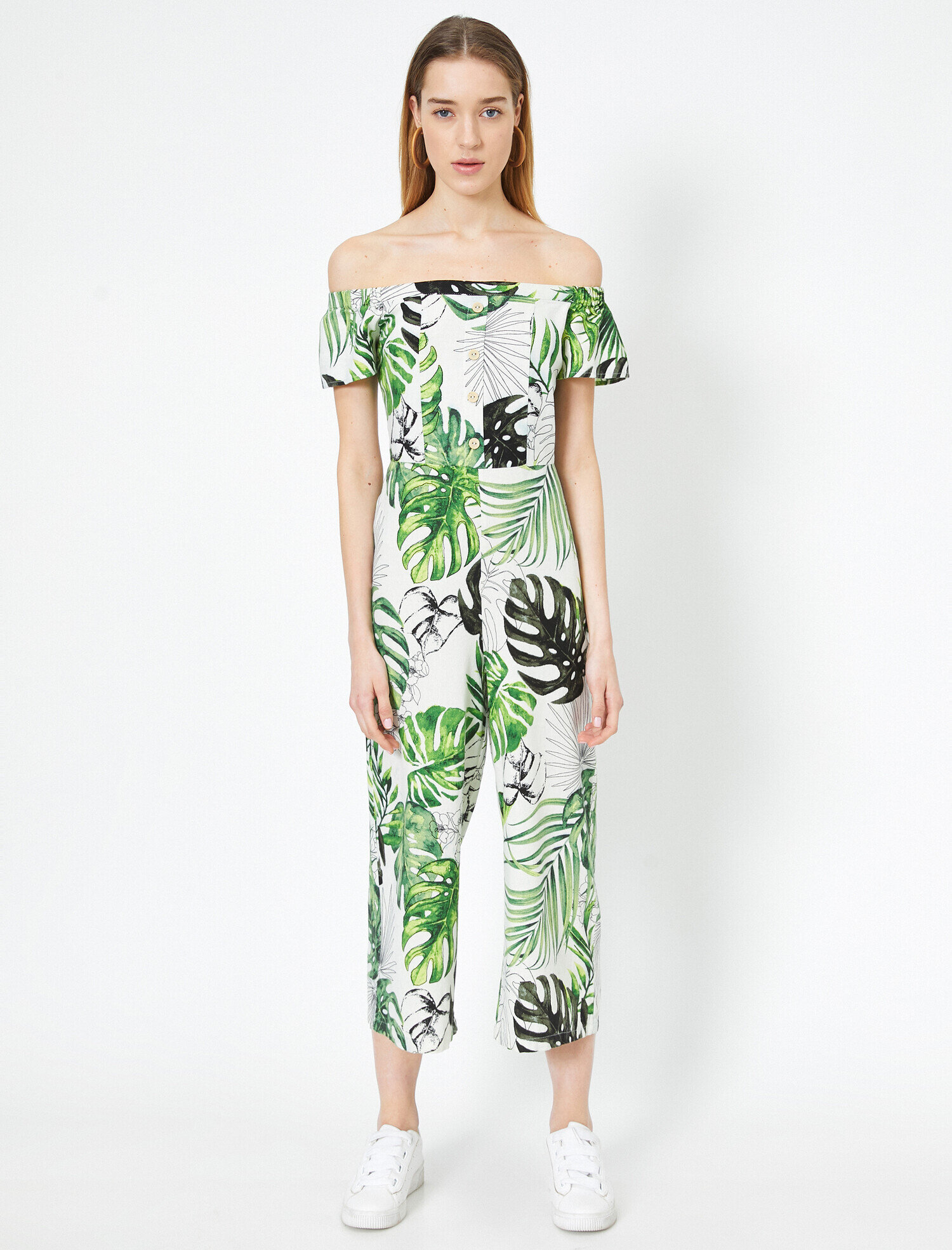   Çiçek Desenli Keten Karışımlı Omuz Dekolteli Tulum