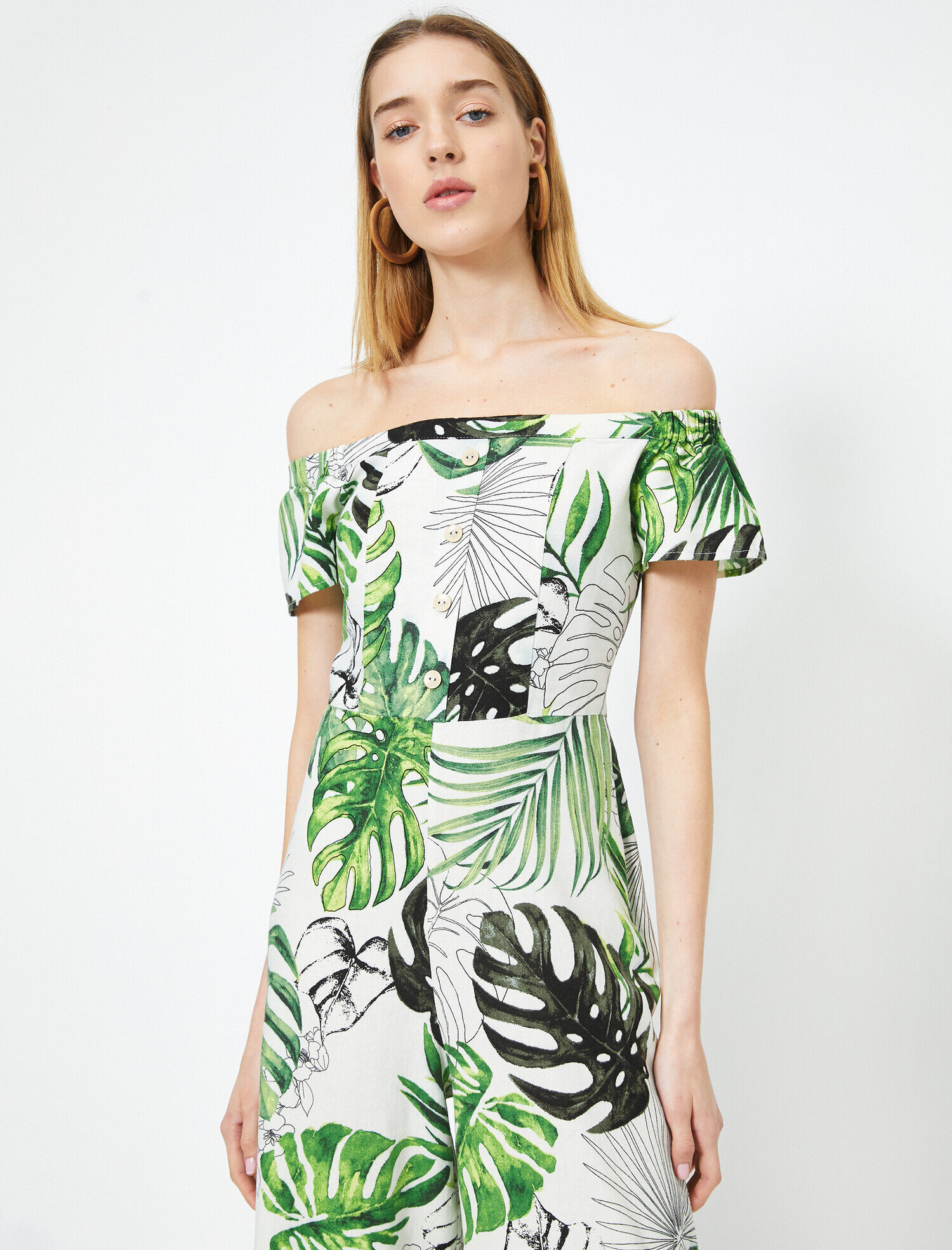   Çiçek Desenli Keten Karışımlı Omuz Dekolteli Tulum