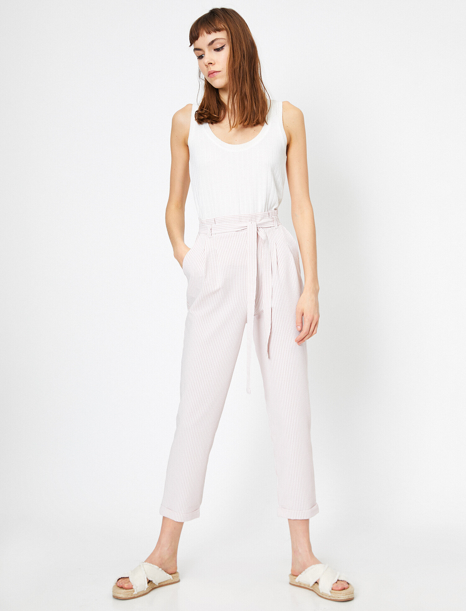   Çizgili Yüksek Bel Bağlama Detaylı Pantolon