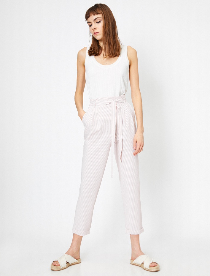  Çizgili Yüksek Bel Bağlama Detaylı Pantolon