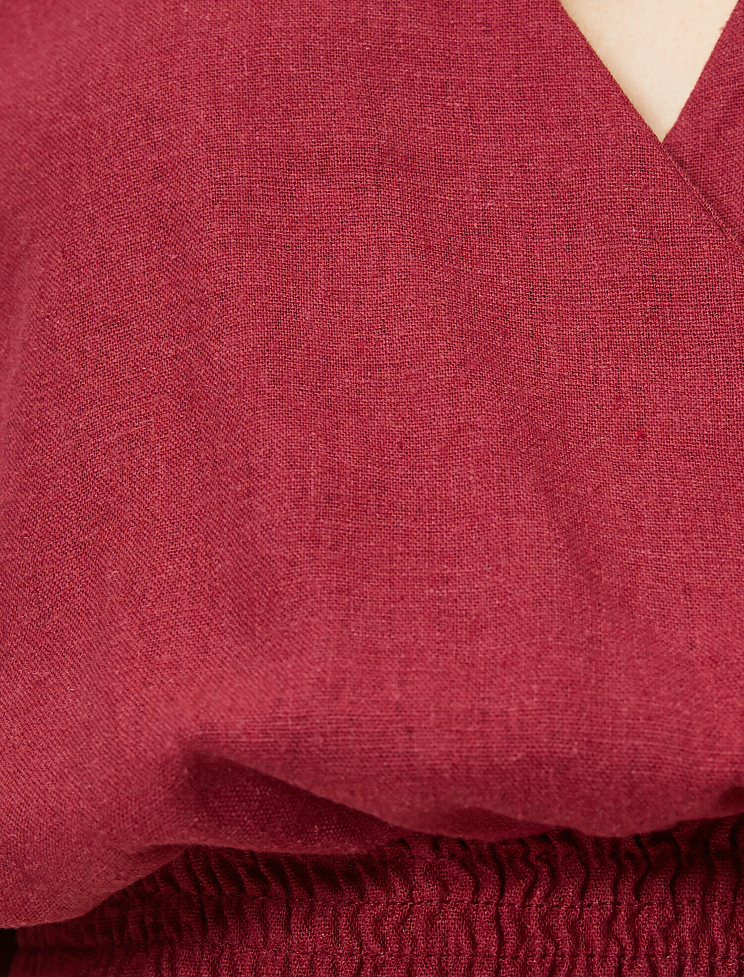 Kruvaze Alttan Lastikli Kısa Kollu Keten Bluz