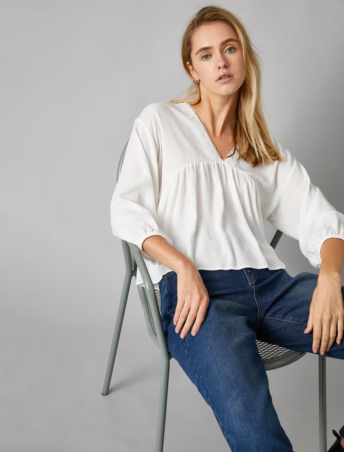  Uzun Kollu V Yaka Dantelli Bluz