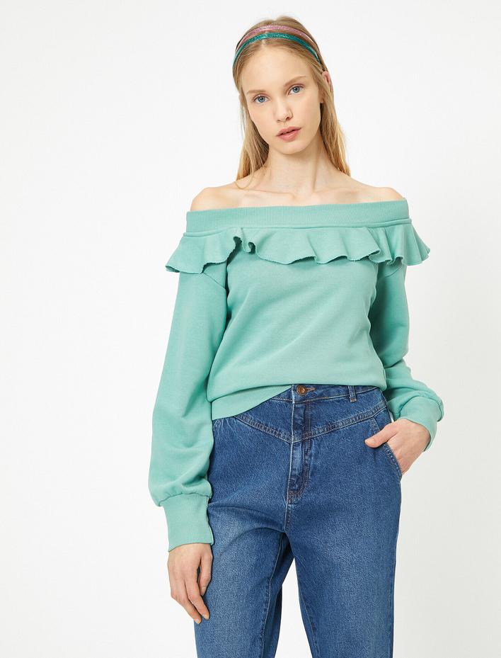  Omzu Açık Fırfırlı Sweatshirt