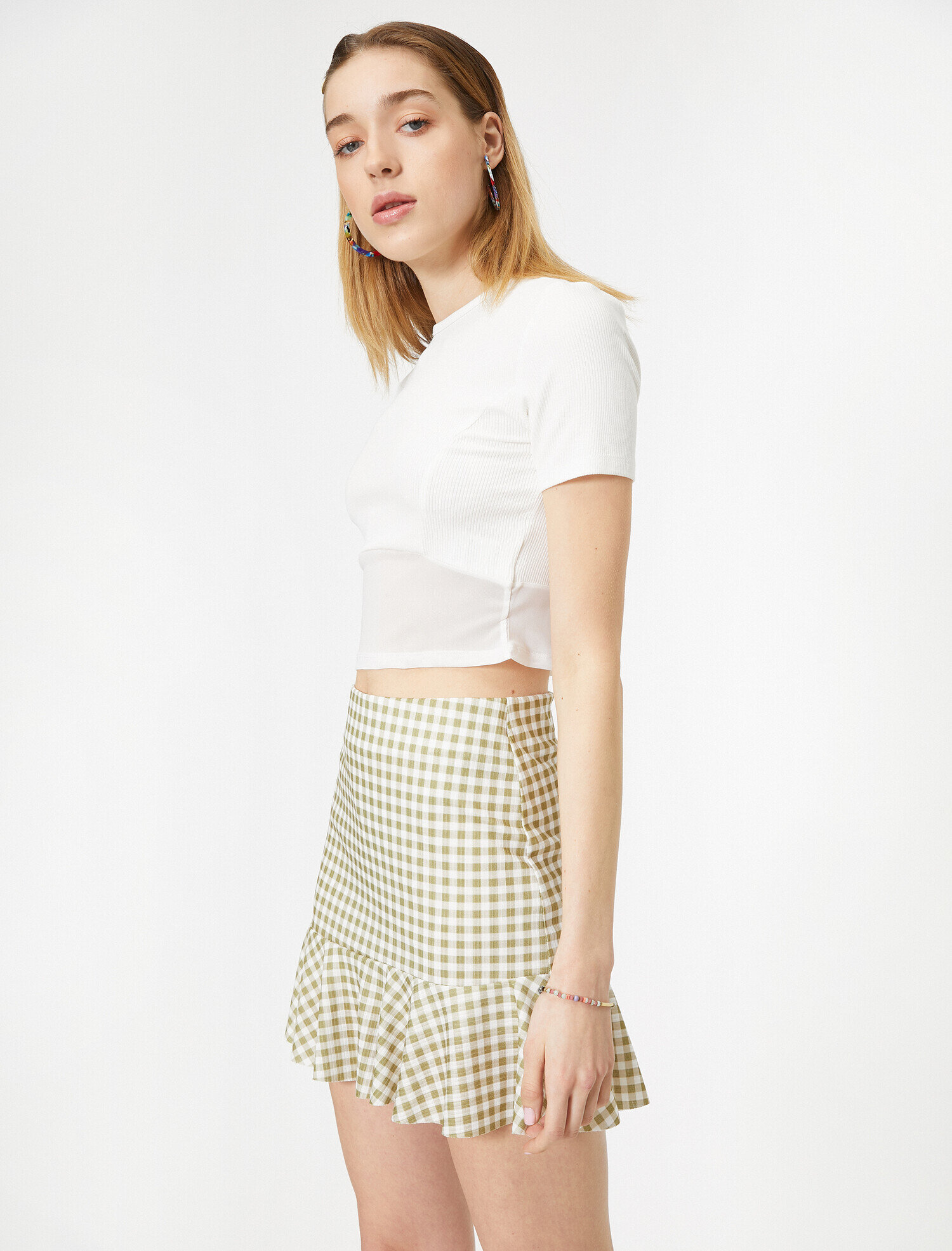   Volan Detaylı Ekoseli Mini Etek