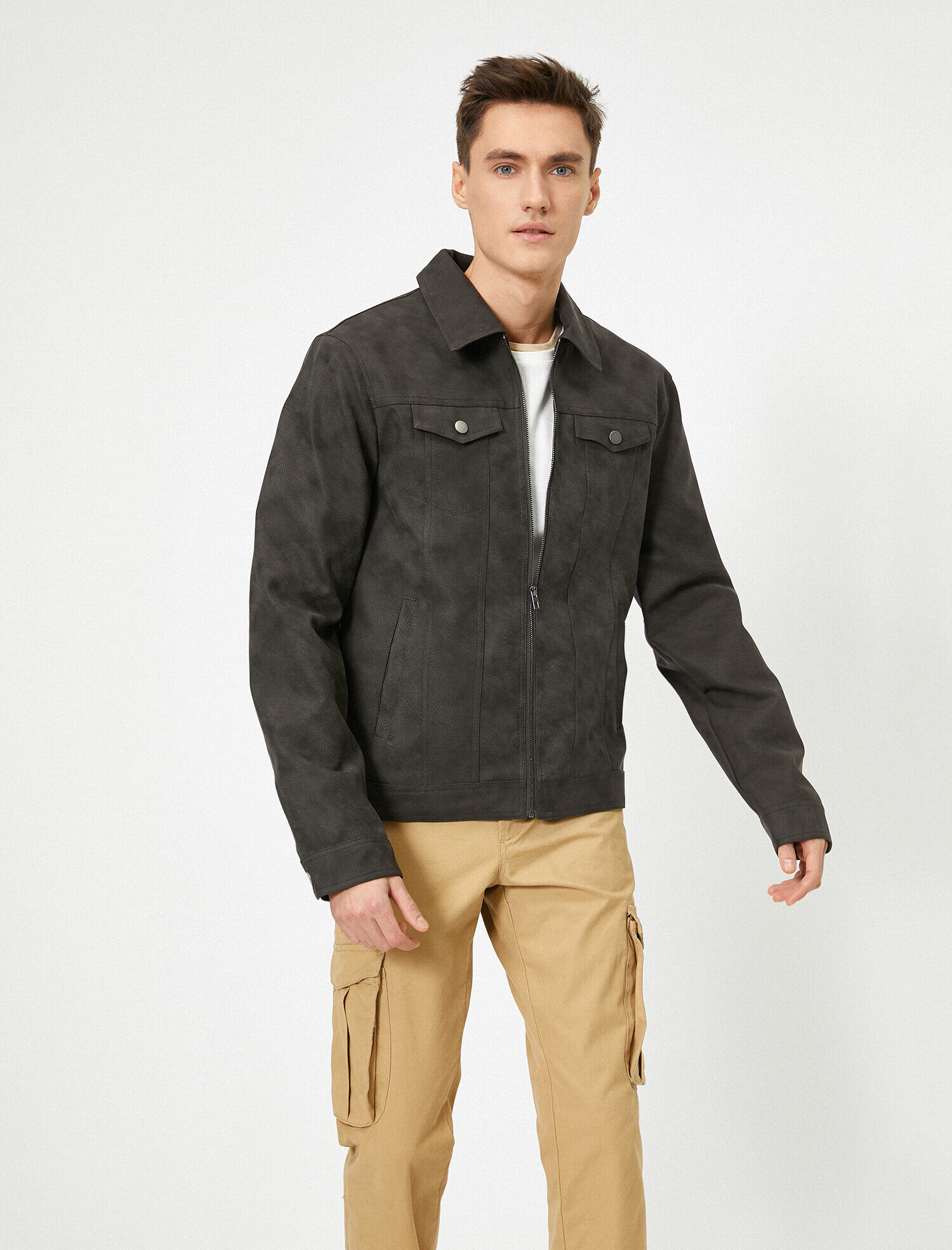 Cep Detaylı Fermuarlı Deri Görünümlü Mont