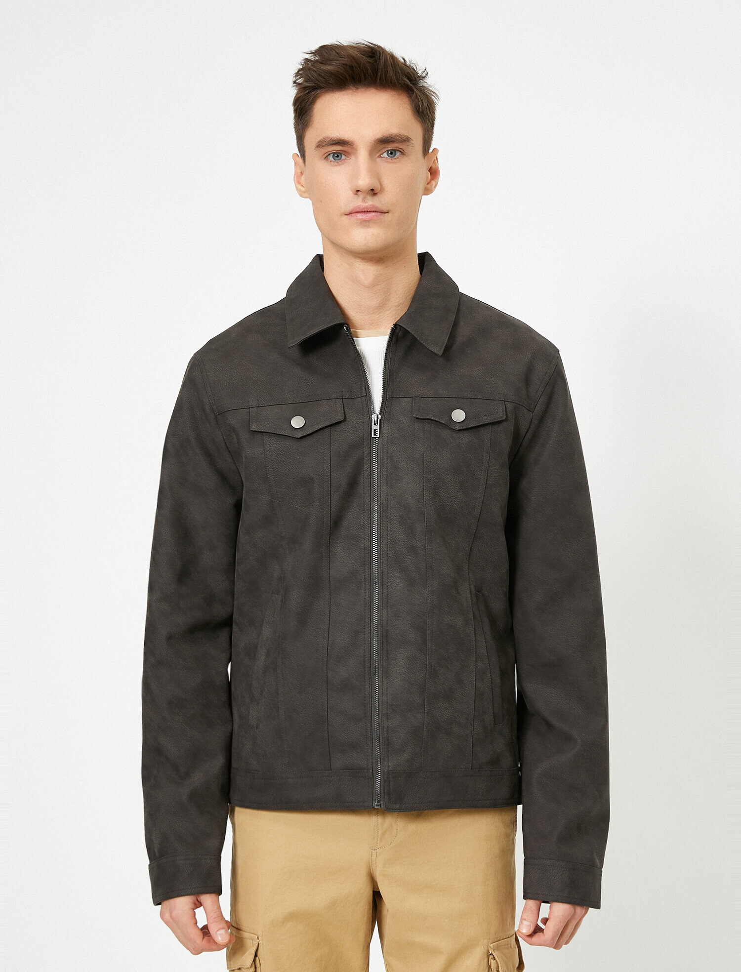 Cep Detaylı Fermuarlı Deri Görünümlü Mont