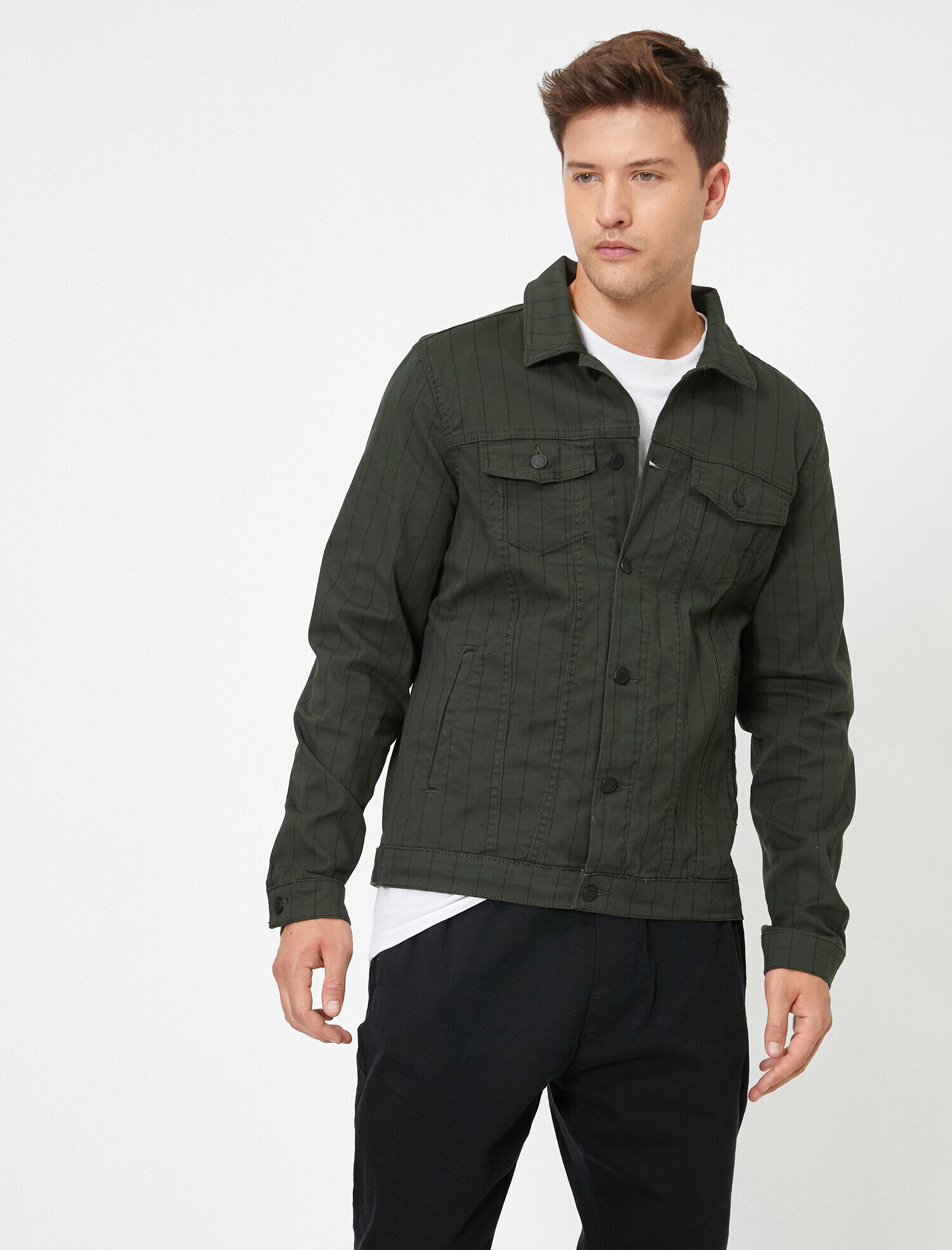   Çizgili Cepli Klasik Yaka Mont