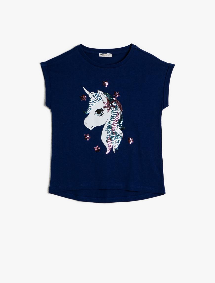  Kız Çocuk Yumuşak Pamuklu Unicorn Baskılı Pullu Bisiklet Yaka Kısa Kollu Tişört