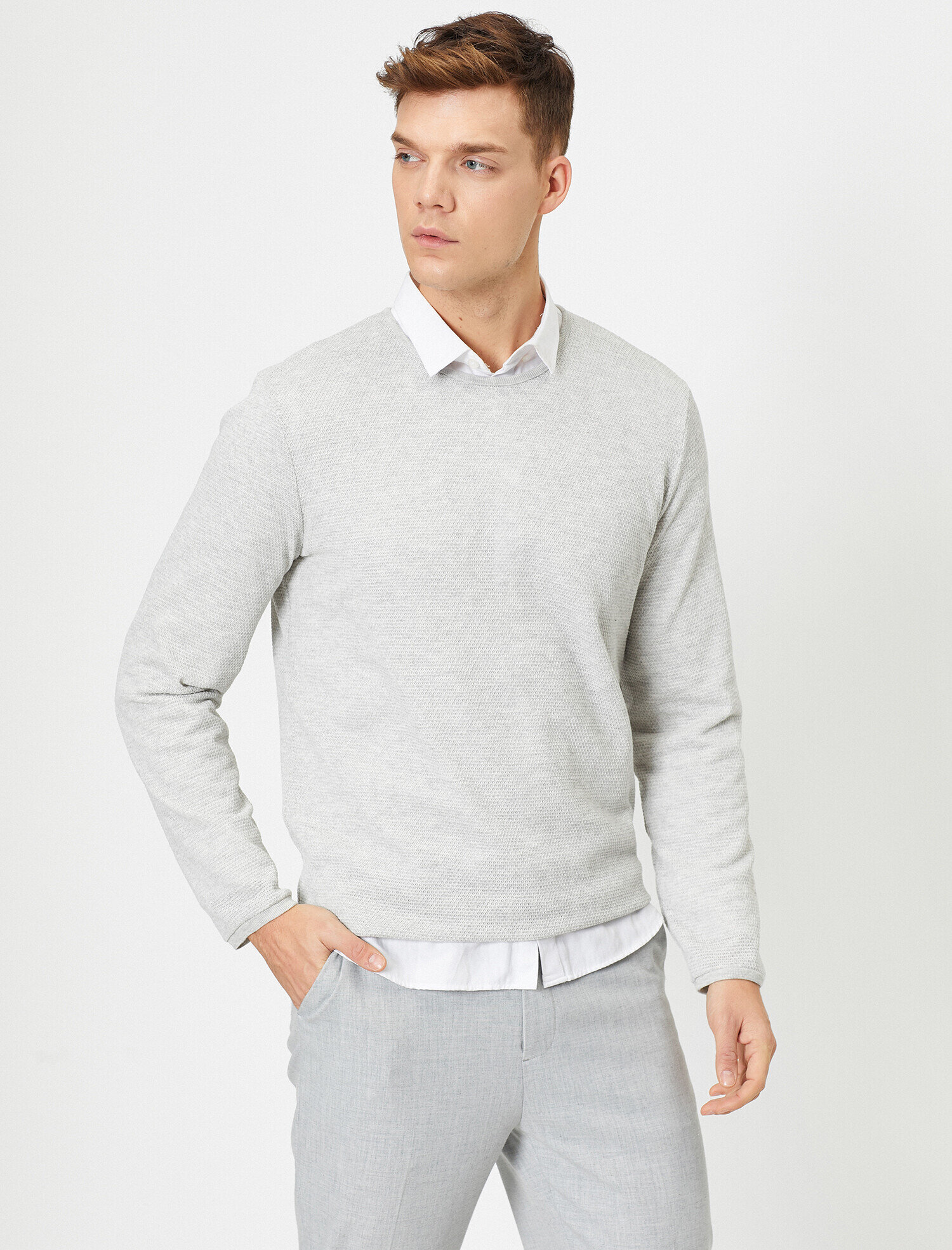   Bisiklet Yaka Dokulu Kumaş Mevsimlik Slim Fit Kazak