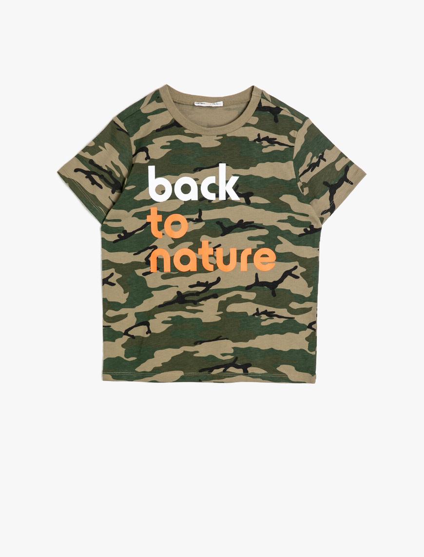  Erkek Çocuk Desenli Pamuklu Kontrast Renk Slogan Baskılı Tişört