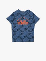 Yaprak Desenli Pamuklu Kontrast Renk Slogan Baskılı Tişört