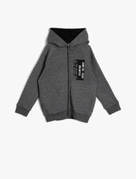 Baskılı Ribanalı Önden Fermuarlı Kapüşonlu Sweatshirt